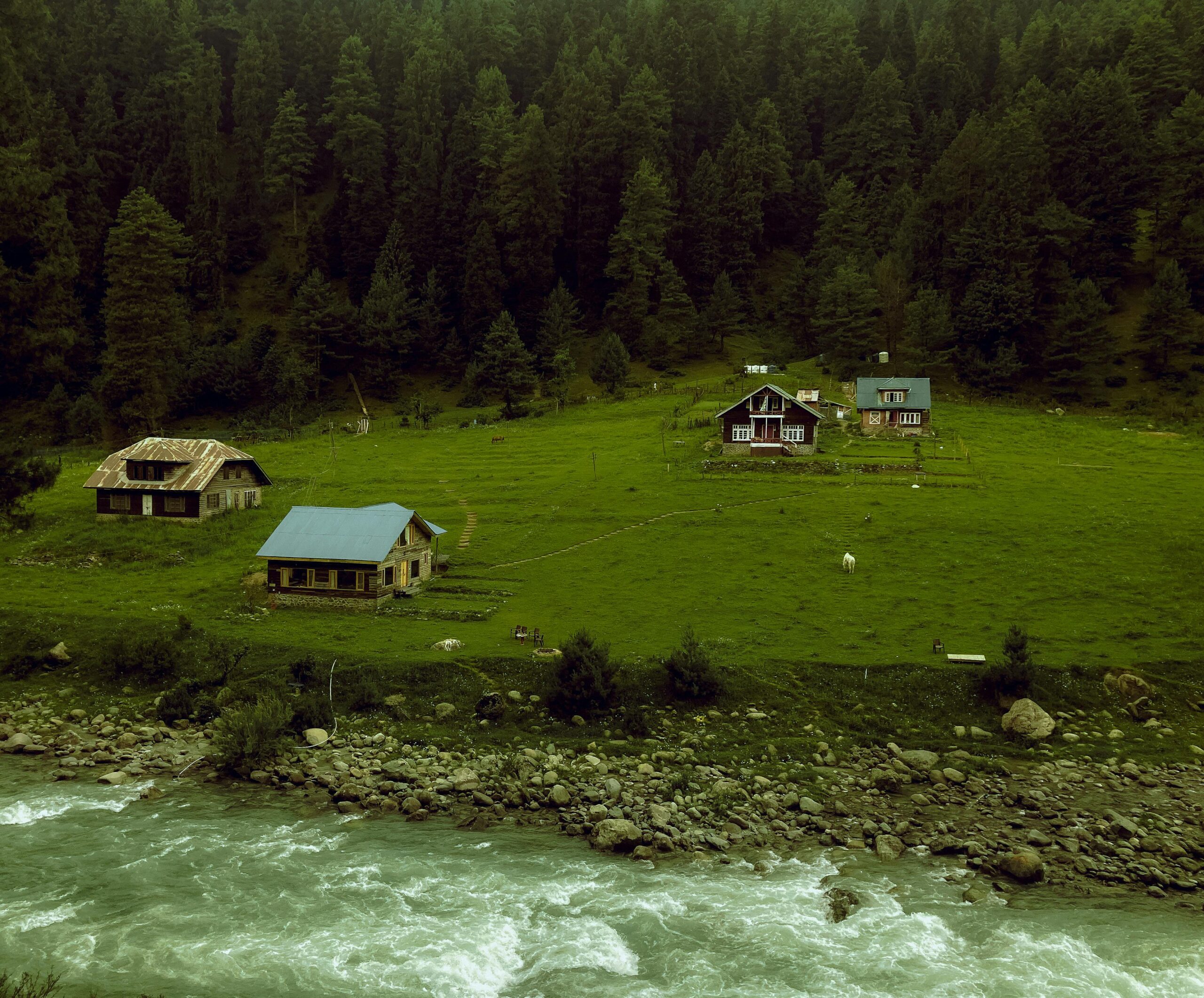 Charming cottages by a river in Pahalgam surrounded by lush green forests.