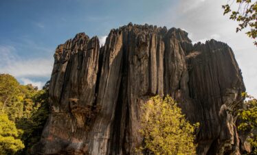 Dramatic view of the towering Yana Caves rock formation surrounded by lush greenery in Gokarna, India.