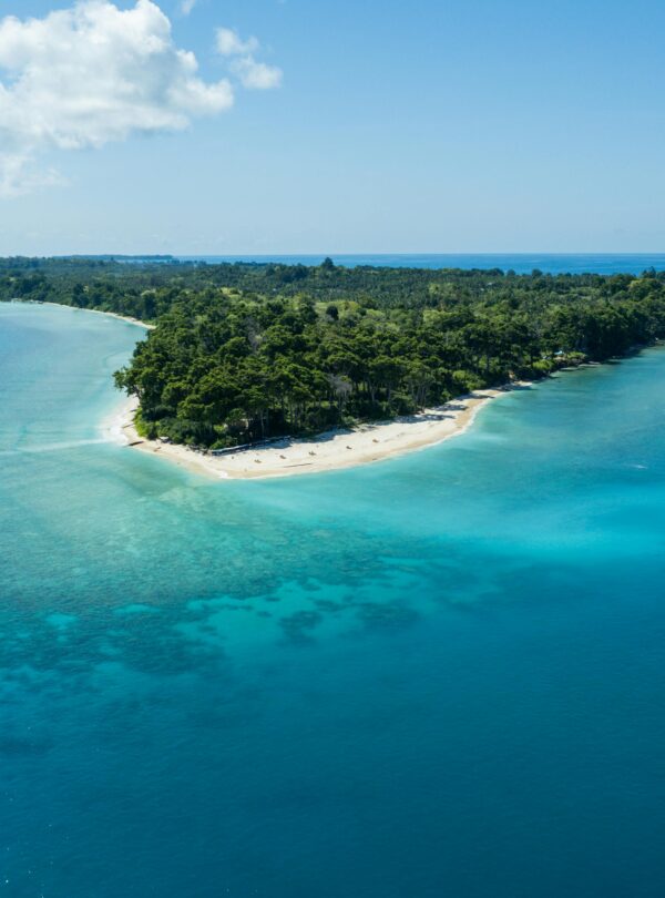 Stunning drone view of Kadamtala Island with clear blue waters and lush greenery in India.