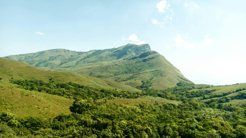 Lush green mountain range in Kudremukh, India under a clear summer sky.