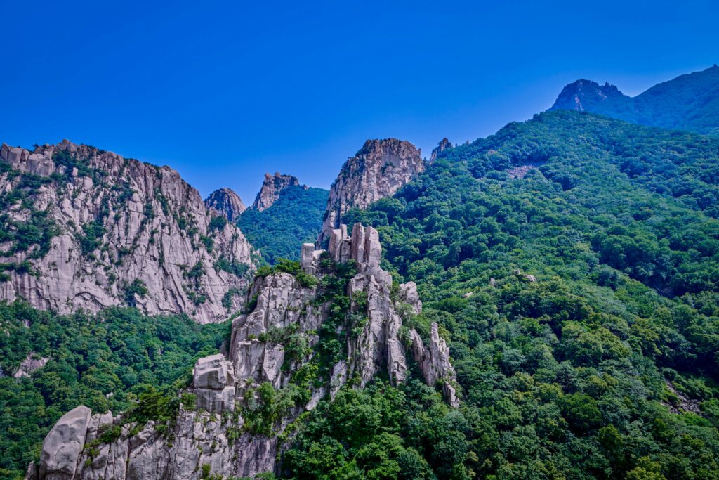 Beautiful landscape of rugged mountains and lush green forests under a clear blue sky.