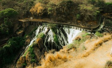 A beautiful waterfall cascading through a dense forest, creating a serene nature scene.
