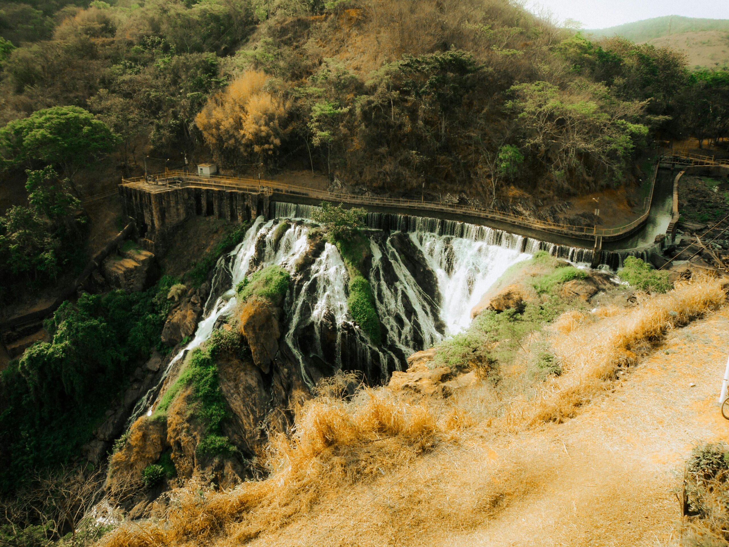 A beautiful waterfall cascading through a dense forest, creating a serene nature scene.