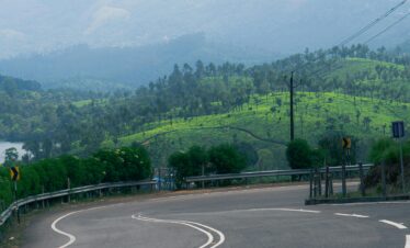 Winding road through lush greenery with distant mountains in Kerala, India.