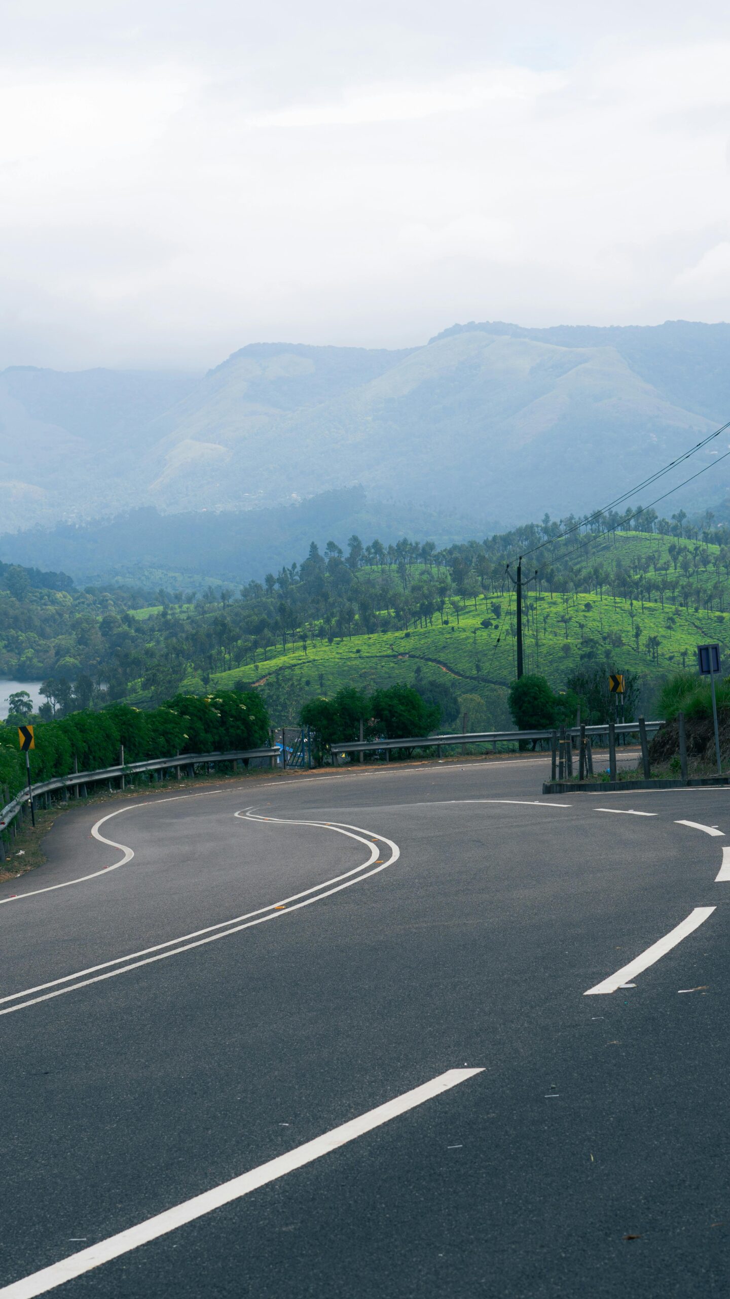 Winding road through lush greenery with distant mountains in Kerala, India.